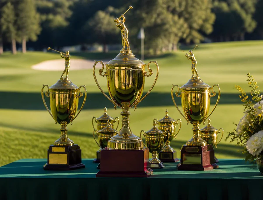 Golf trophies arranged for a tournament presentation